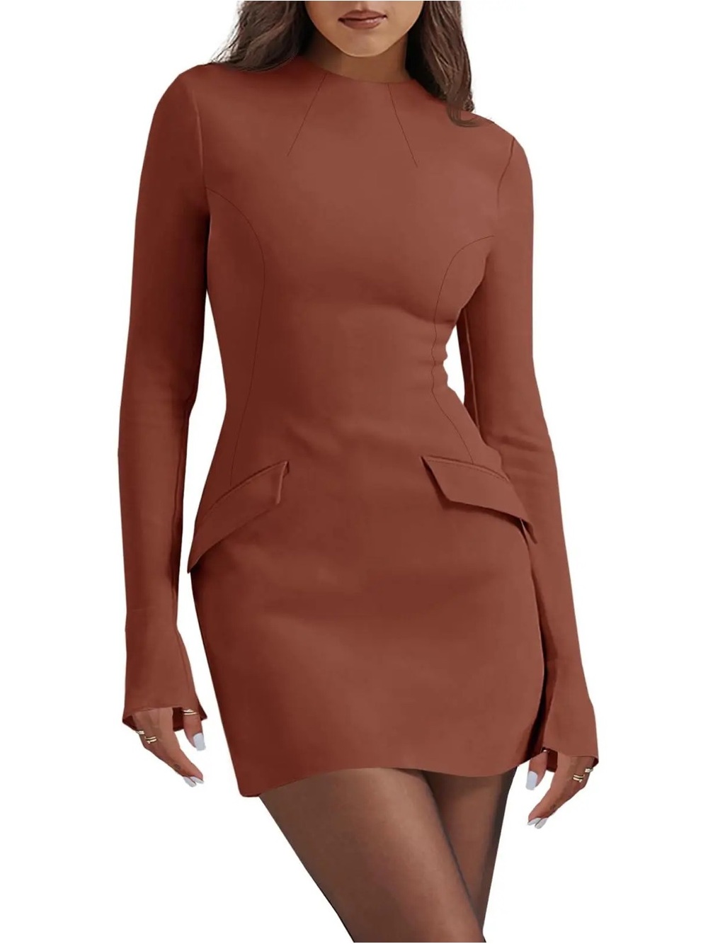 TikTok Shop Fitted Long-Sleeve Rust Mini Dress with Flap Detail